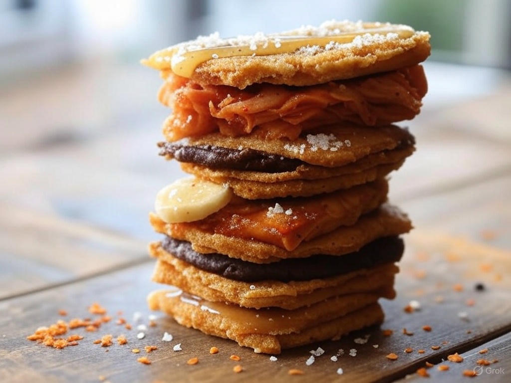 Reiswaffel-Monster-Stapel mit Erdnussbutter, Kimchi & Schoki